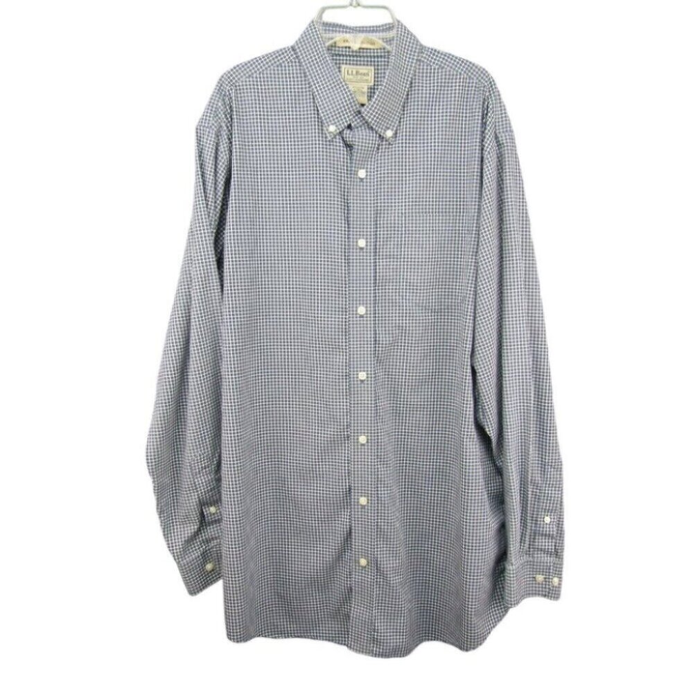 LL Bean Wrinkle Resistant Blue Check Button Down Shirt Size L Tall Long Sleeve
